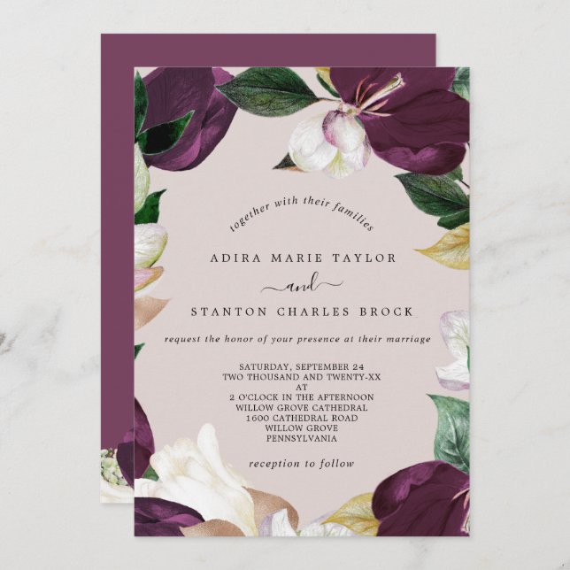 Convite Moody Purple Blooms | Blush & Berry Casamento De (Frente/Verso)