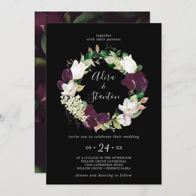 Convite Moody Purple Blooms | Casamento de terra preta (Frente/Verso)