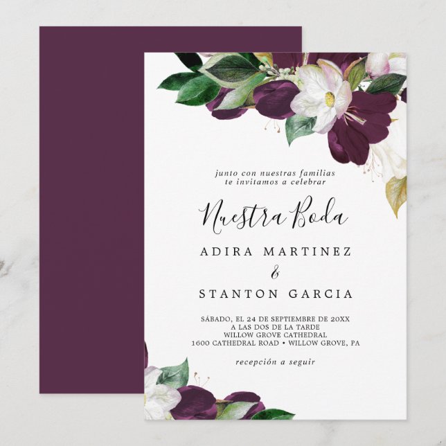 Convite Moody Purple Blooms Espanha Nuestra Boda (Frente/Verso)