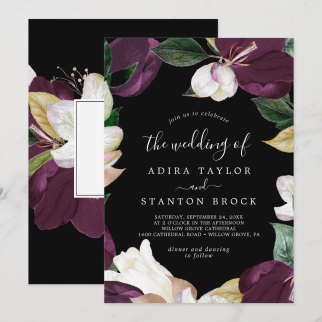 Convite Moody Purple Blooms | Preto Casamento De (Frente/Verso)