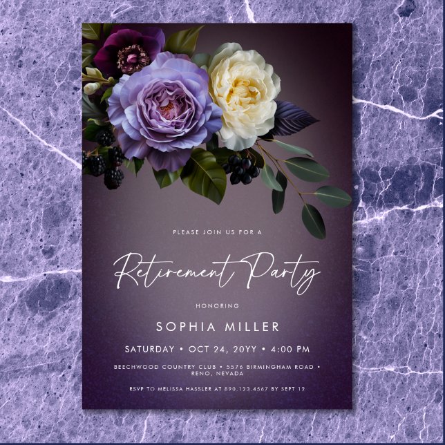 Convite Moody Purple & Lavanda Floral Retirement Party (Moody Purple & Lavender Floral Retirement Party Invitation)