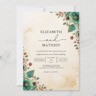 Convite Moody Teal Floral Botânica Romance Wedding