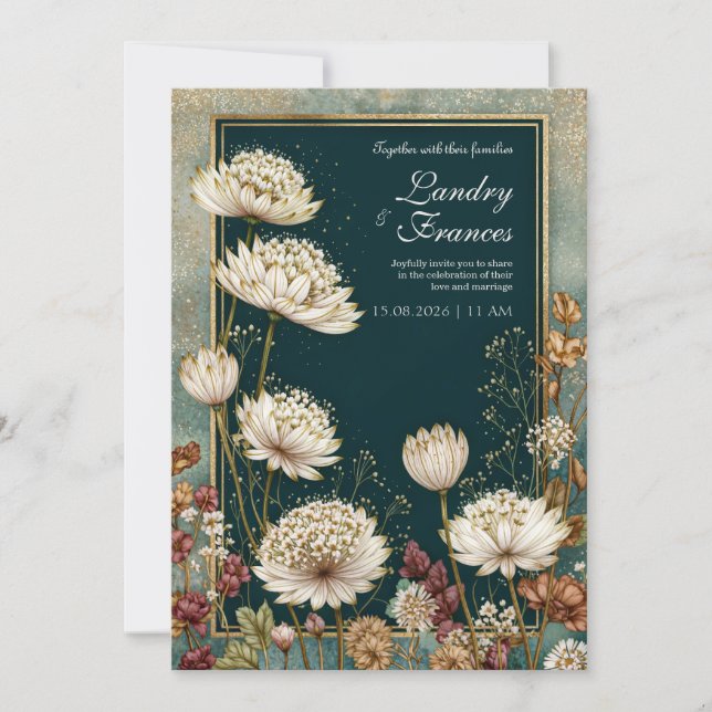 Convite Moody Teal Gilded Astrantia Wedding (Frente)
