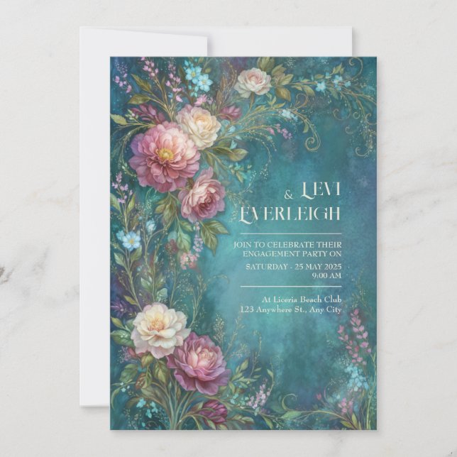 Convite Moody Teal Watercolor Romantic Peony Wedding (Frente)