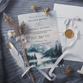 Convite Moody Watercolor Mountains Pine QR Code Wedding