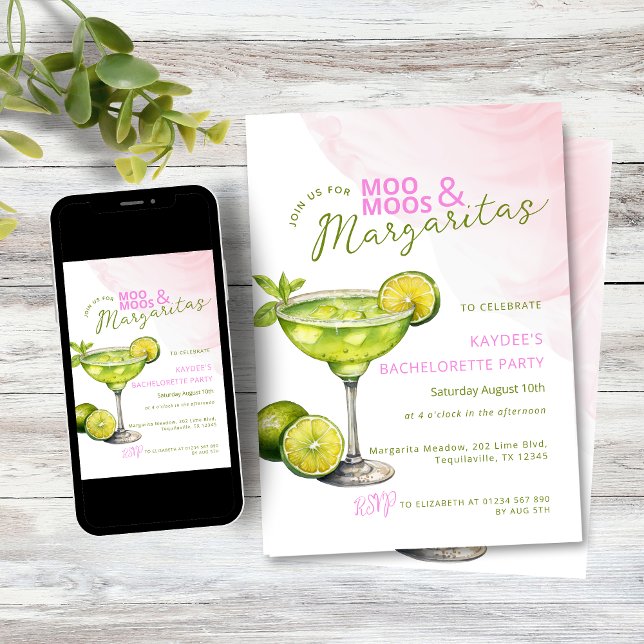 Convite MooMoos e Margaritas Festa de Despedida de Solteir (Pink and green MooMoos and Margaritas bachelorette party invitation)