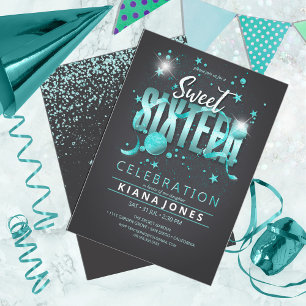 Convite Moon and Stars Sweet 16 Teal/Blk ID788