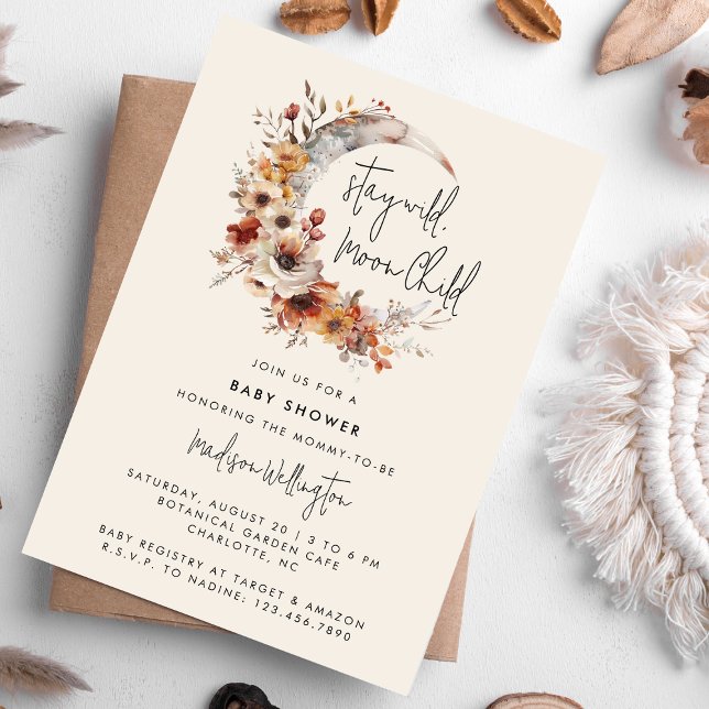 Convite Moon Child Neutral Boho Florals Chá de fraldas (Criador carregado)
