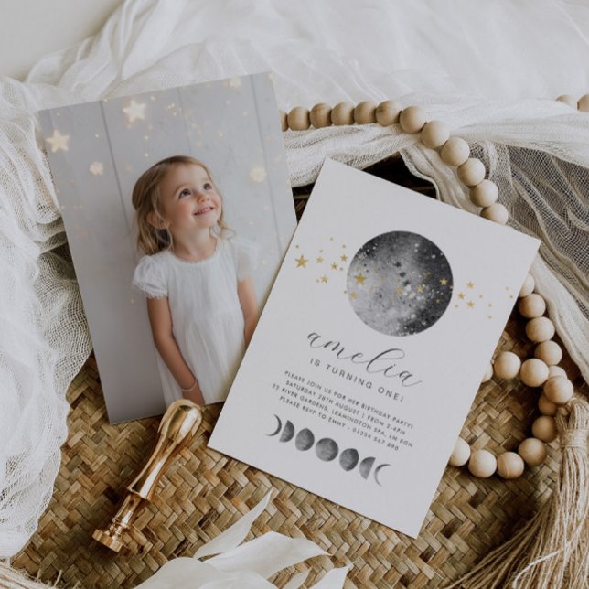 Convite Moon Phases Gold Stars Photo Birthday Invitation (Zazzle Moon Phases Gold Stars Photo Birthday Invitation)