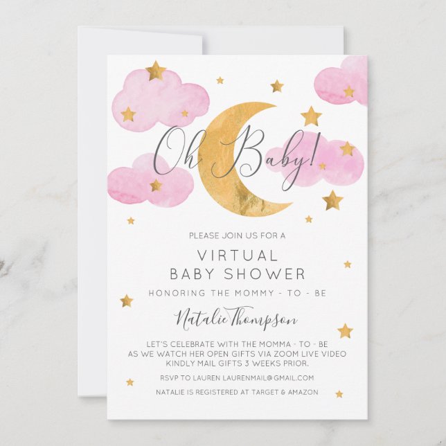 Convite Moon & Stars Pink Virtual Baby Shower Inv (Frente)