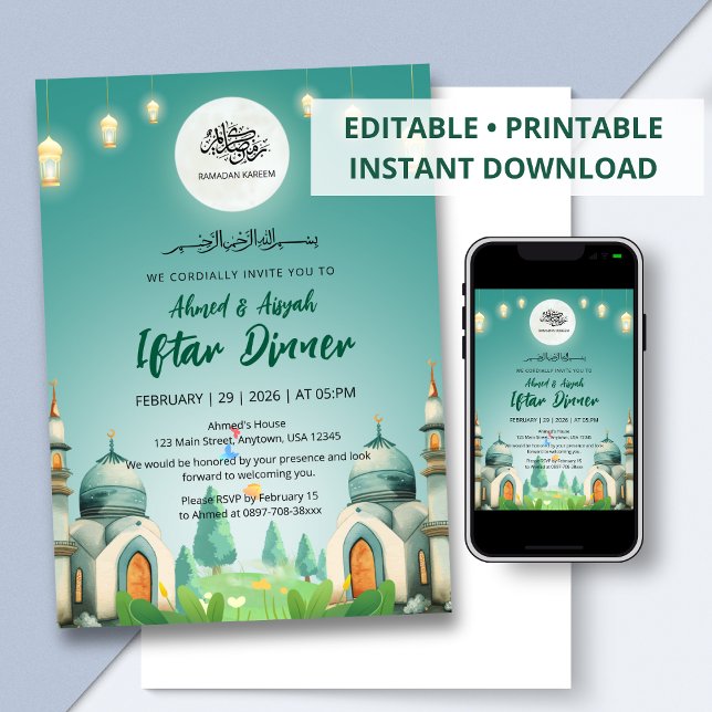 Convite Moonlit Blue Mosque Ramadan Iftar Invitation (Criador carregado)