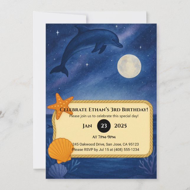 Convite Moonlit Dolphin & Ocean Night Scene Birthday  (Frente)