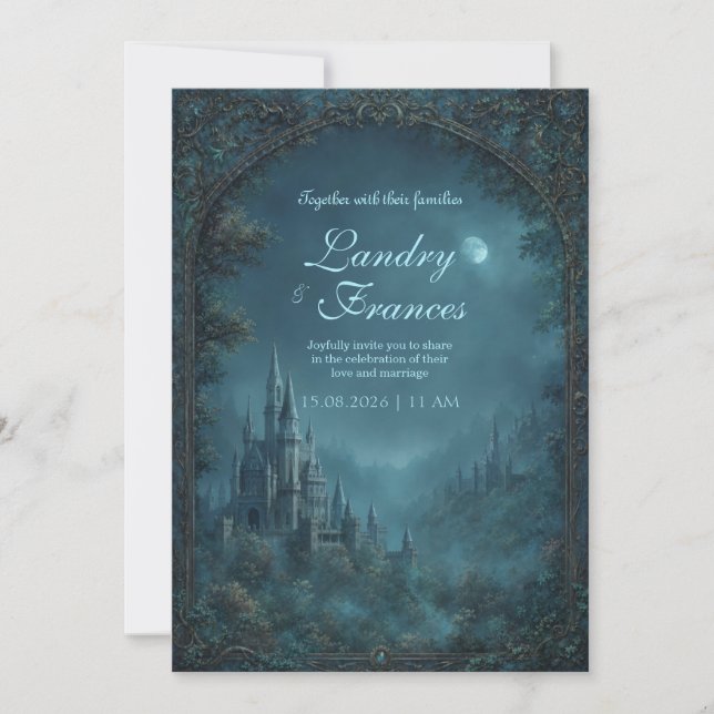 Convite Moonlit Gothic Teal Fantasy Castle Wedding (Frente)