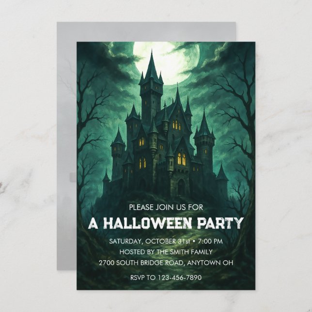 Convite Moonlit Haunted Castle Halloween (Frente/Verso)