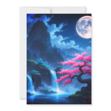 Moonlit Sakura & Waterfall Japanese RSVP Card - El