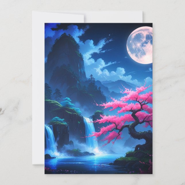 Convite Moonlit Sakura & Waterfall Japanese RSVP Card - El (Frente)