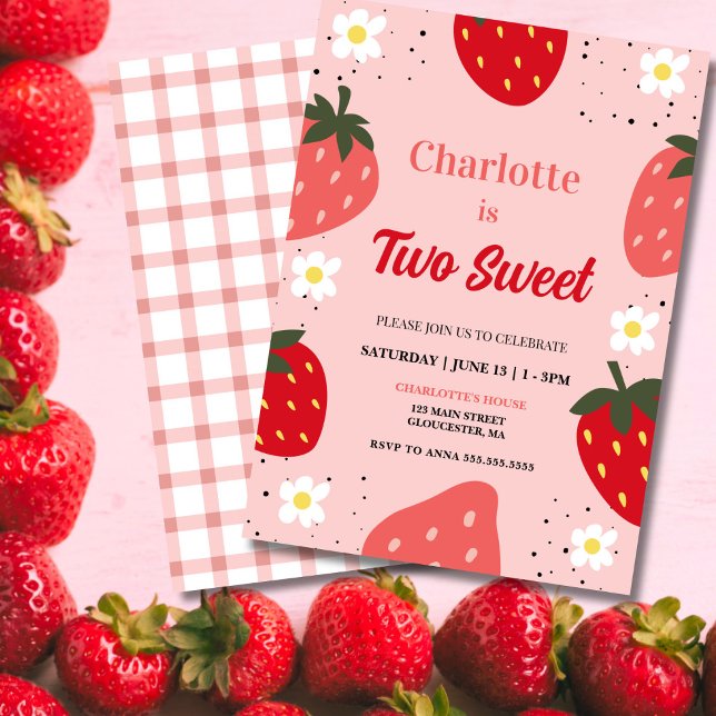 Convite Morango 2 Festa de aniversário doce (Two Sweet Strawberry Birthday Invitation — Berry Cute 2nd Birthday Invite!)