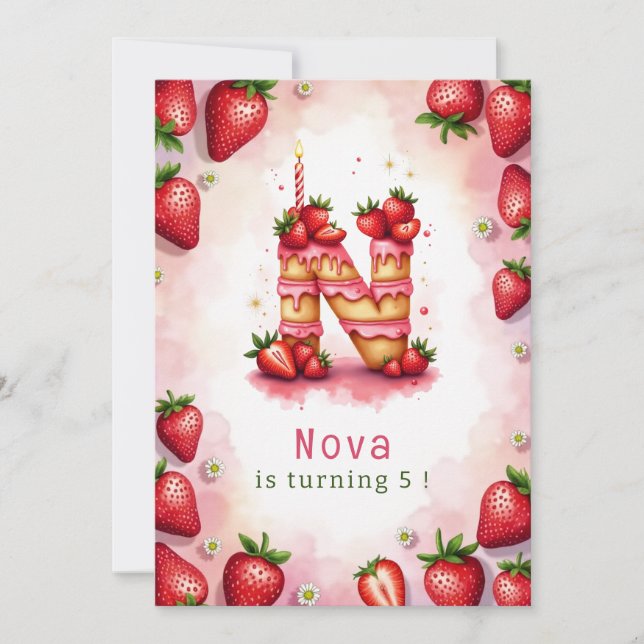 Convite Morango Carta de Aniversário N Tema de Bolo (Frente)