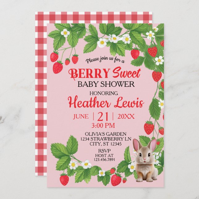 Convite Morango, Chá de fraldas doce de coelhinho (Vermelh (Frente/Verso)