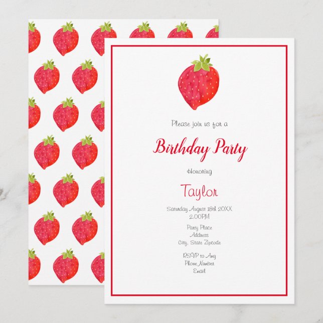 Convite Morango e Padrão de Aquarela (Frente/Verso)