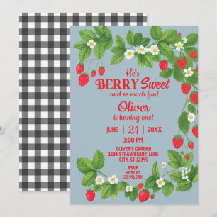 Convite Morango Primeiro Aniversário (Vermelho e Azul)