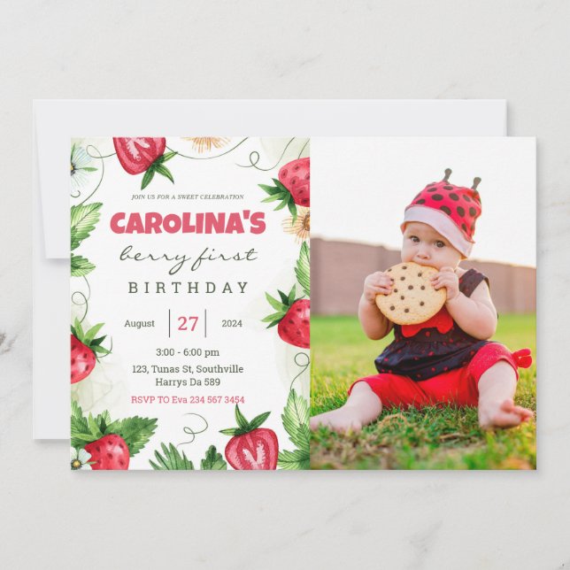 Convite Morango Primeiro Foto Aniversário (Frente)