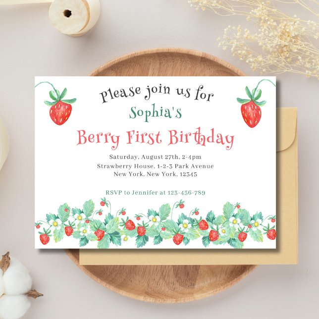 Convite Morango Rosa Berry Primeiro Aniversário (Berry First Birthday Party Invitation. Pink Strawberries.)