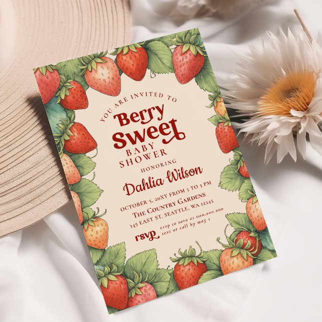Convite Morango Rosa Vermelho Berry Chá de fraldas doce (Strawberry Pink Red Berry Sweet Baby Shower Invitation)