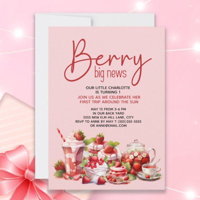 Convite Morango Rosa Vermelho Fruta 1º Aniversário ("Berry Big News" Strawberry 1st birthday party invitation for little girls)
