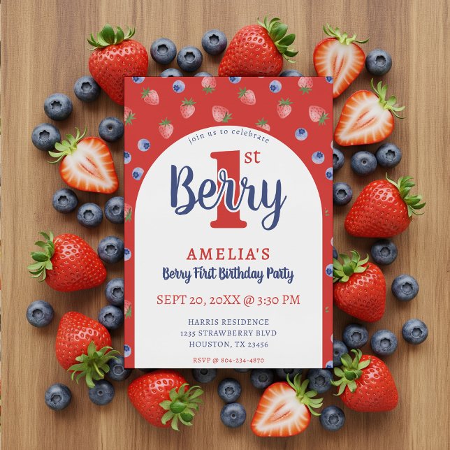 Convite Morango Vermelho de Morango primeiro aniversario B (Berry 1st Birthday Party Strawberry Blueberry Red Invitation
)