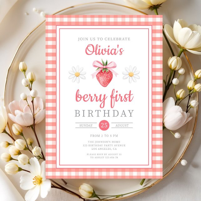 Convite Morangos 1º Aniversário Morango Primeiro Aniversár (Strawberry 1st Birthday Berry First Birthday Invitation)