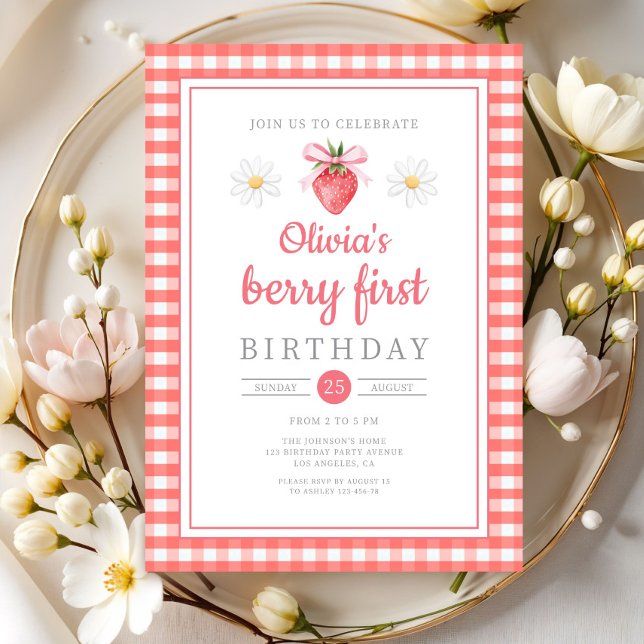 Convite Morangos 1º Aniversário Morango Primeiro Aniversár (Strawberry 1st Birthday Berry First Birthday Invitation)