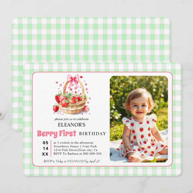 Convite Morangos e gingado Berry Primeiro Aniversário foto (Frente/Verso)