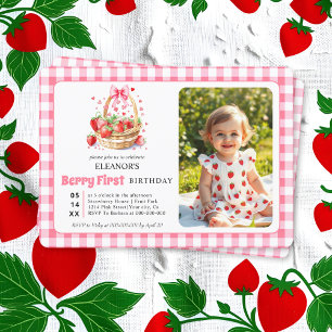 Convite Morangos, laço rosa Berry Primeiro Aniversário fot
