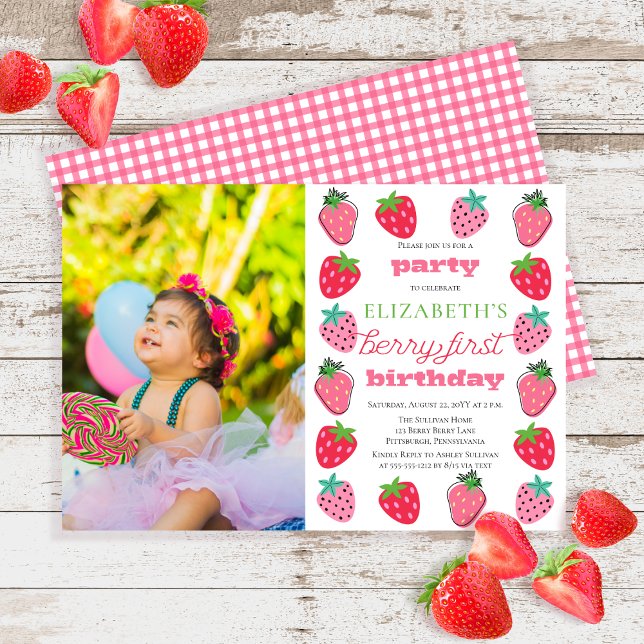 Convite Morangos Rapariga Foto Berry Primeira Festa de ani (Strawberries Girl's Berry First Birthday Party Photo Invitation)