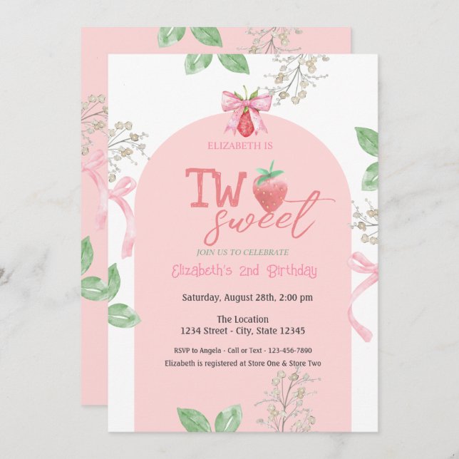 Convite Morangos Rosa Arco Dois segundos aniversários Doce (Frente/Verso)
