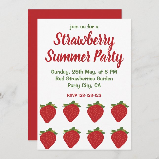 Convite Morangos Vermelhos Fruta Morango Festa de Verão (Frente/Verso)