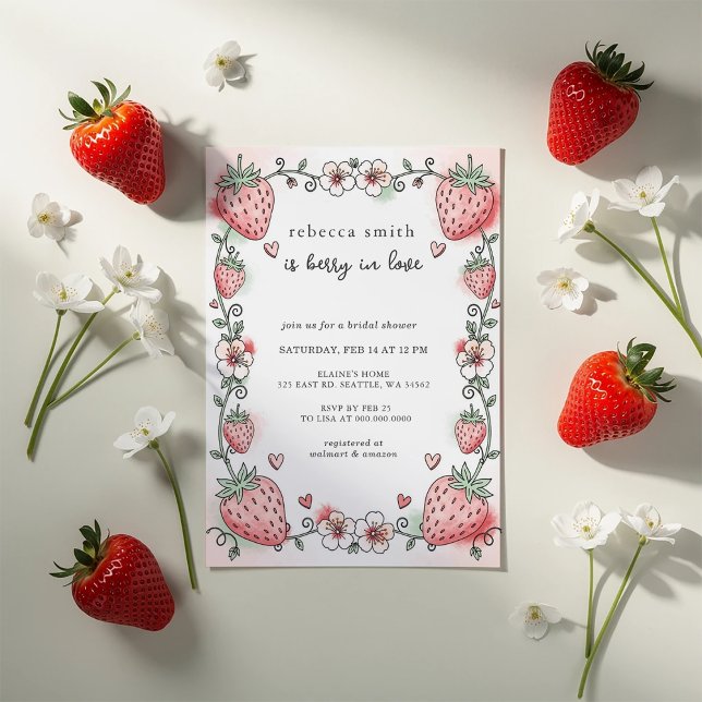 Convite Morangueiro Apaixonado Chá de Noiva Morango (Berry in Love Strawberry Bridal Shower Invitation)