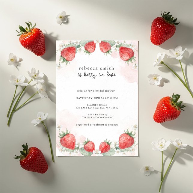 Convite Morangueiro Apaixonado Chuva de Morango no Chá de  (Berry in Love Strawberry Bridal Shower Invitation)