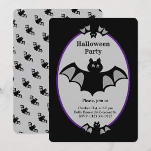 Convite Morcego moderno de Halloween em preto e cinza
