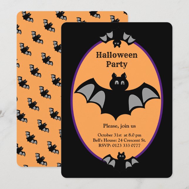 Convite Morcego moderno de Halloween em preto e laranja (Frente/Verso)