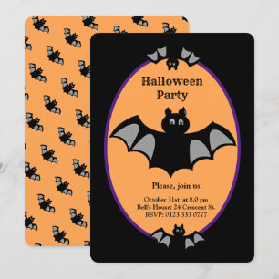 Convite Morcego moderno de Halloween em preto e laranja