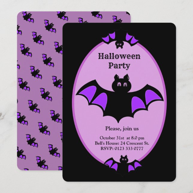 Convite Morcego moderno de Halloween em preto e violeta (Frente/Verso)