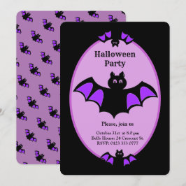 Convite Morcego moderno de Halloween em preto e violeta