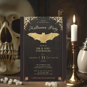 Convite Morcego Preto Elegante de Halloween Dourado Vintag