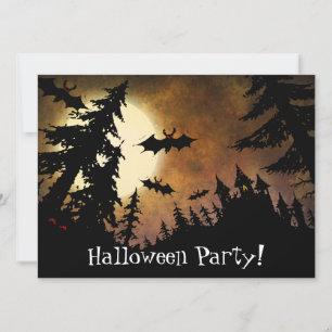 Convite Morcegos de Halloween, castelo de Spooky e lua che