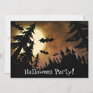 Convite Morcegos de Halloween, castelo de Spooky e lua che