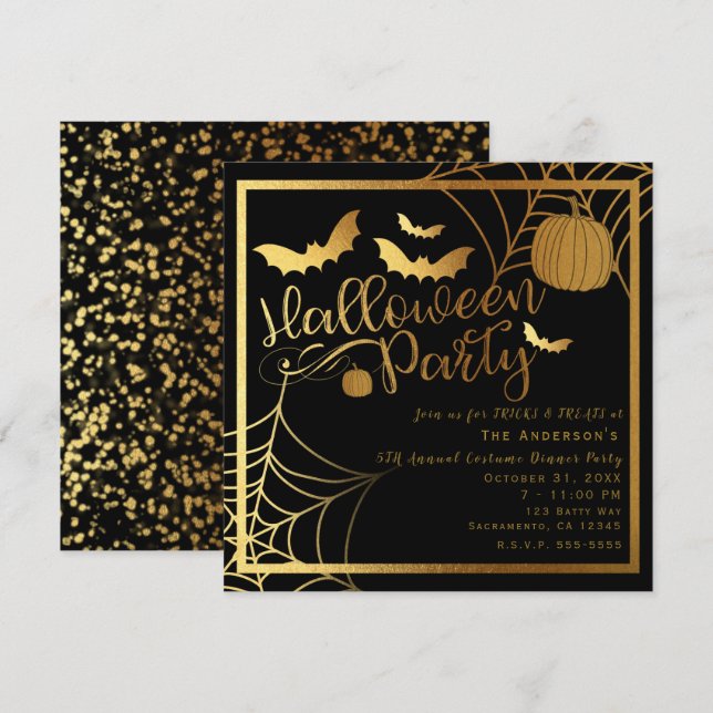 Convite Morcegos Preto e Dourado Abóbora Festa de Hallowee (Frente/Verso)