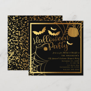 Convite Morcegos Preto e Dourado Abóbora Festa de Hallowee