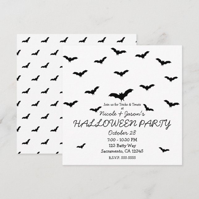Convite Morcegos Pretos & Festa de Halloween Fofa de Branc (Frente/Verso)